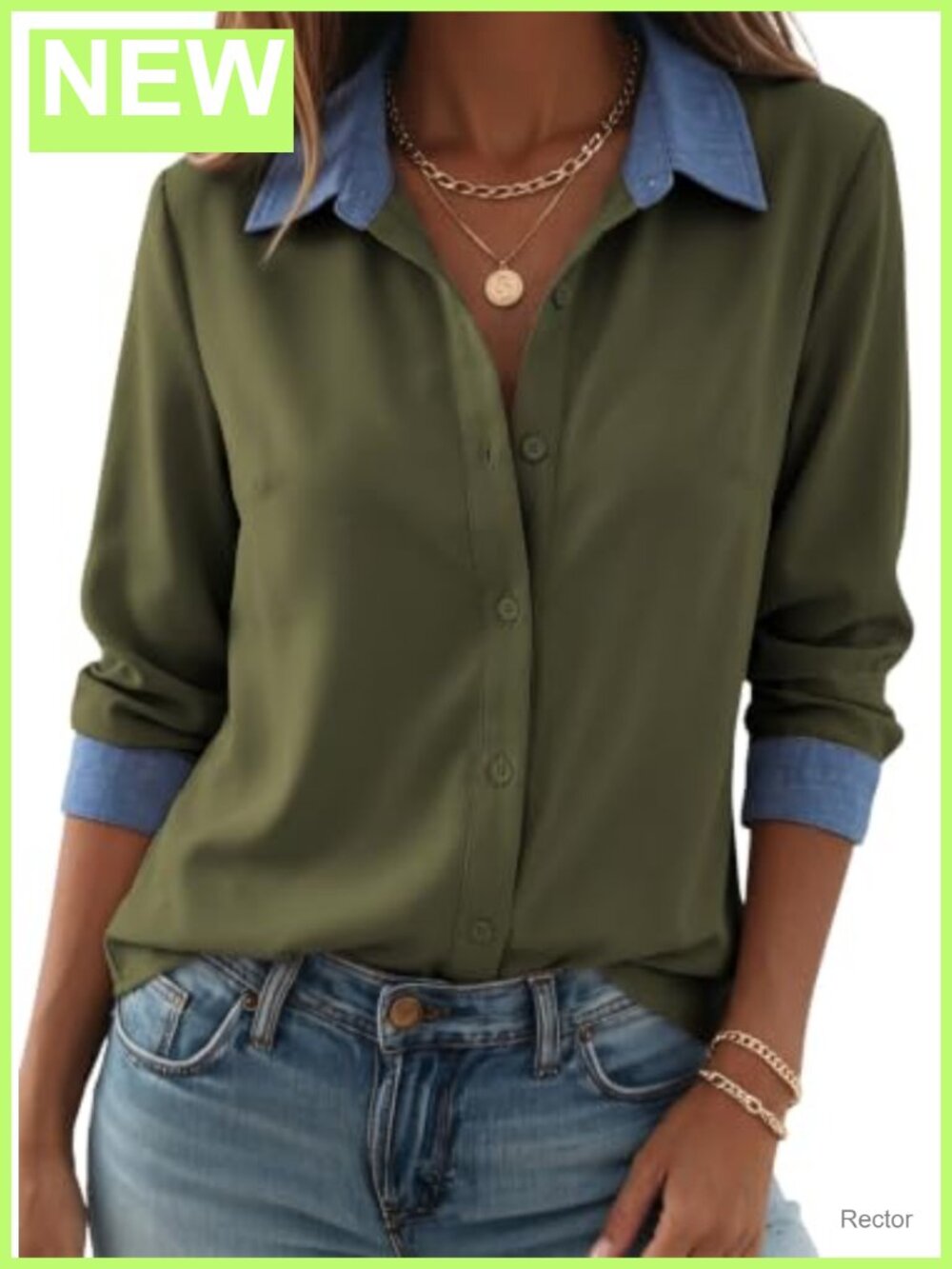 Women's Dokotoo Long Sleeve Button Down Blouse Denim Patchwork Chiffon Top